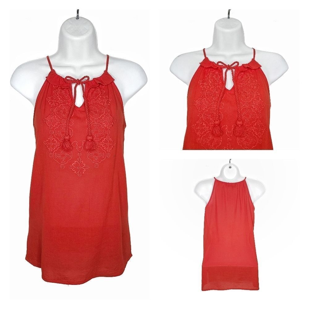 LOFT | Orange Embroidered Twisted Tassel Halter Neck Gauze Top | US XS